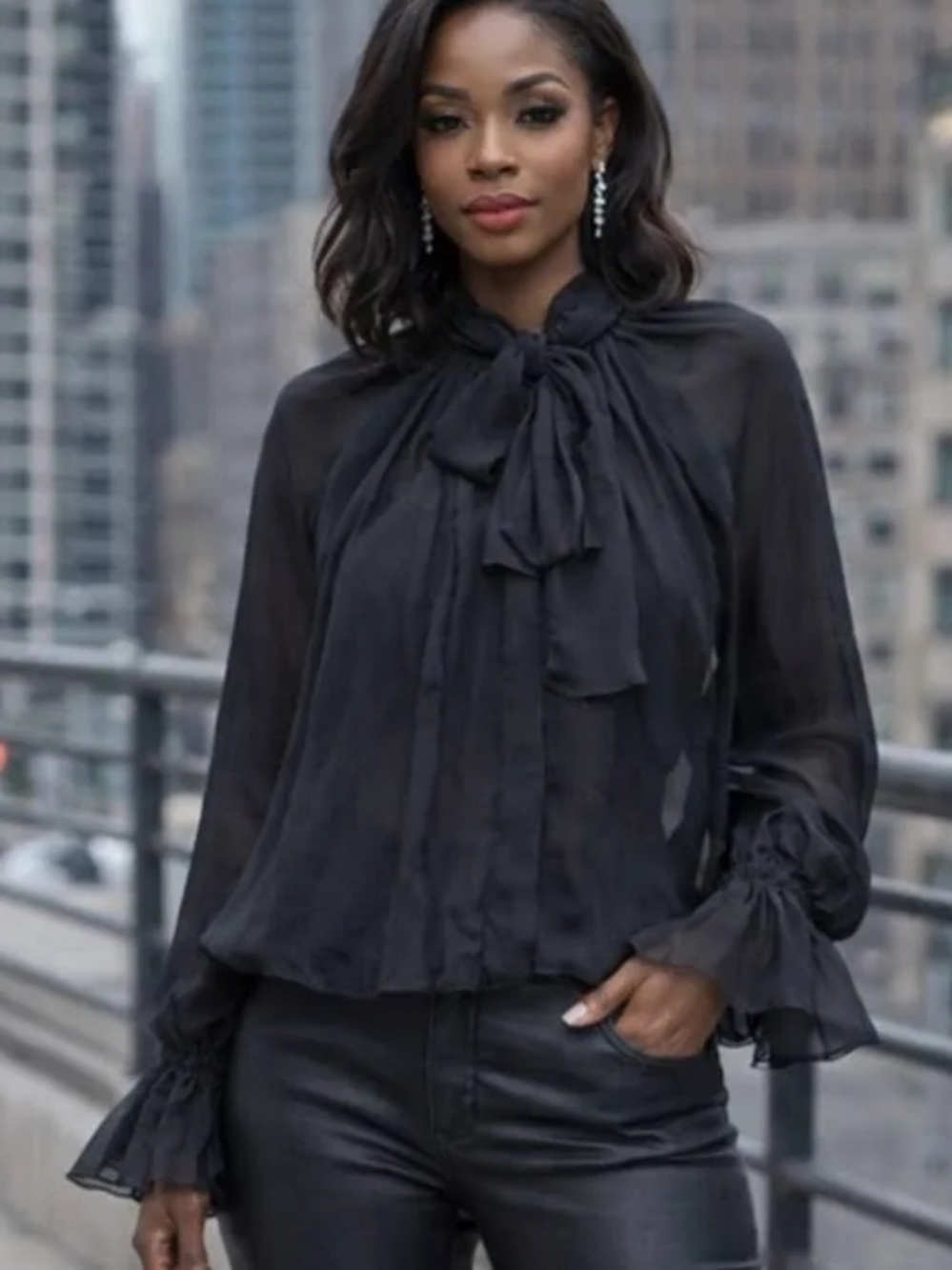 H&M Black Sheer Tie-Neck Blouse with Ruffle Cuffs
